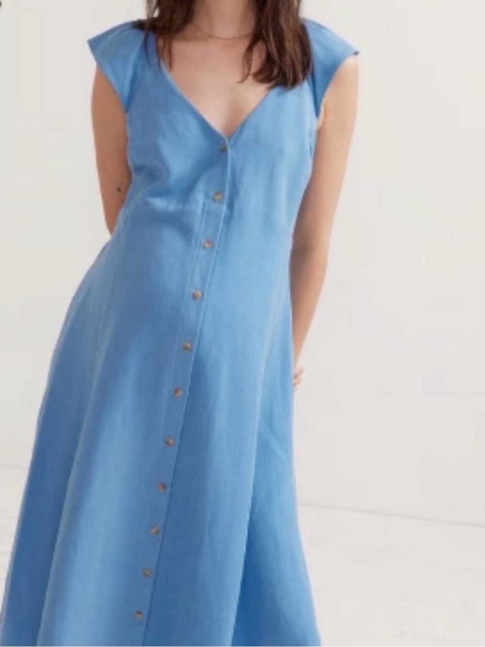Hatch Maternity Sky Blue Button-Down V-Neck Midi Dress - medium / hatch size 2